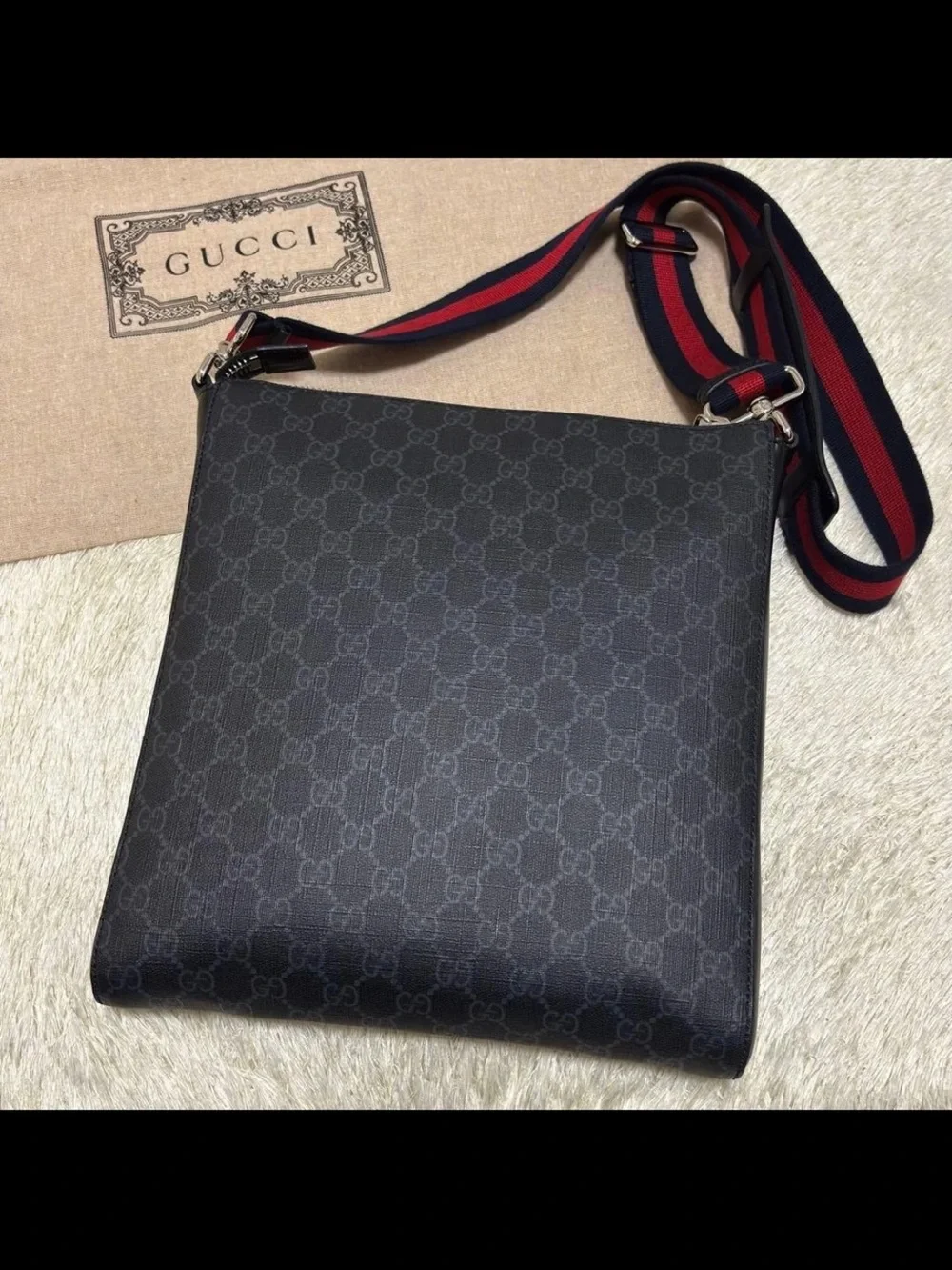 Gucci Black GG Supreme Messenger Bag with Navy & Red Web Strap